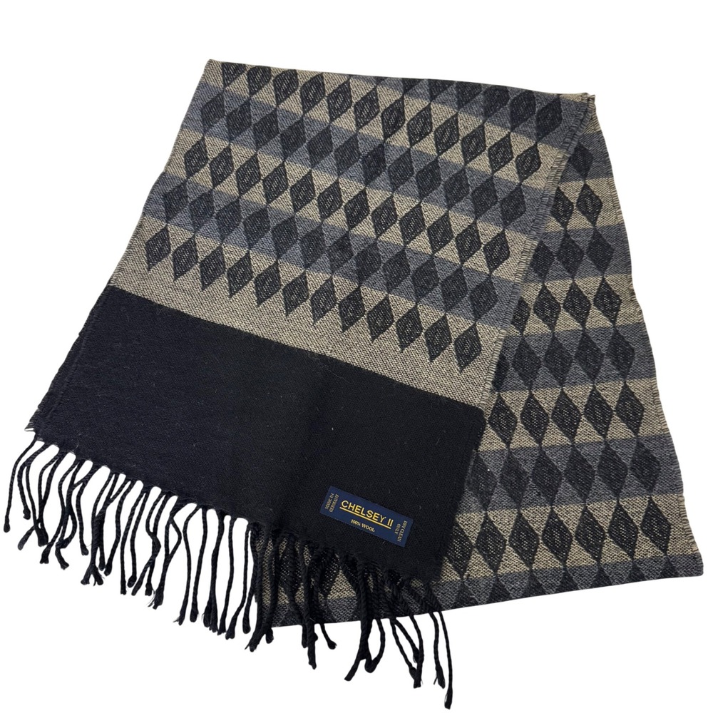 Chelsey‎ II Wool Scarf Diamond Pattern 12x62 Black/Blue/Tan